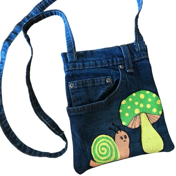 Handmade Crossbody Bag: Denim Cell Phone Holder, Whimsical Snail Mushroom Design - Picture 2 of 11